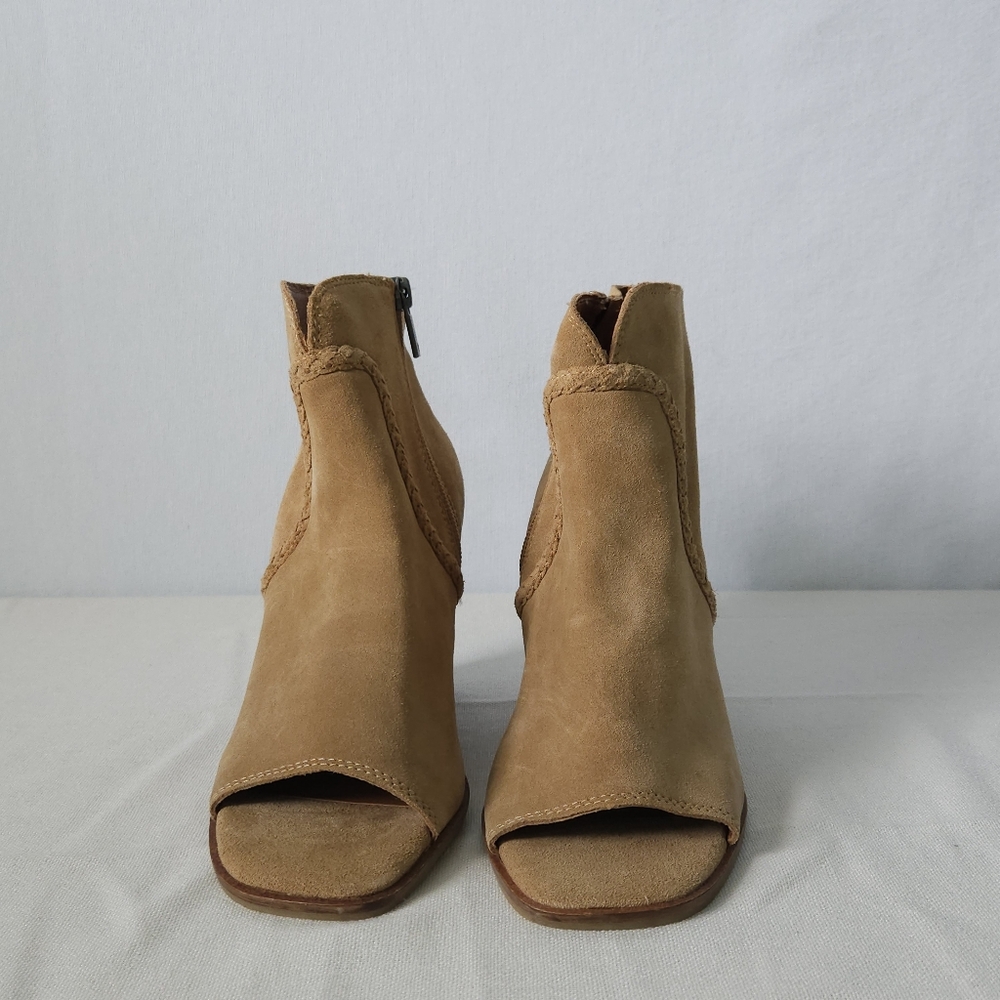 Lucky Brand‎ LK Lureli Suede Peep Toe Wedge Booties Womens 9M Tan Leather Ankle - Picture 10 of 12
